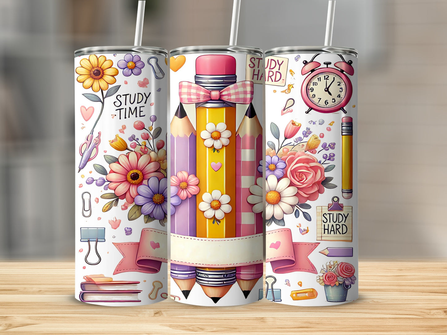 Three tumblers with floral and pencil designs, "STUDY TIME" and "STUDY HARD" text.