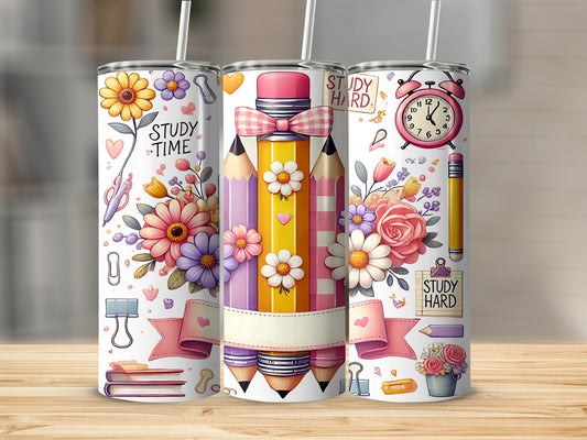 Three tumblers with floral and pencil designs, "STUDY TIME" and "STUDY HARD" text.