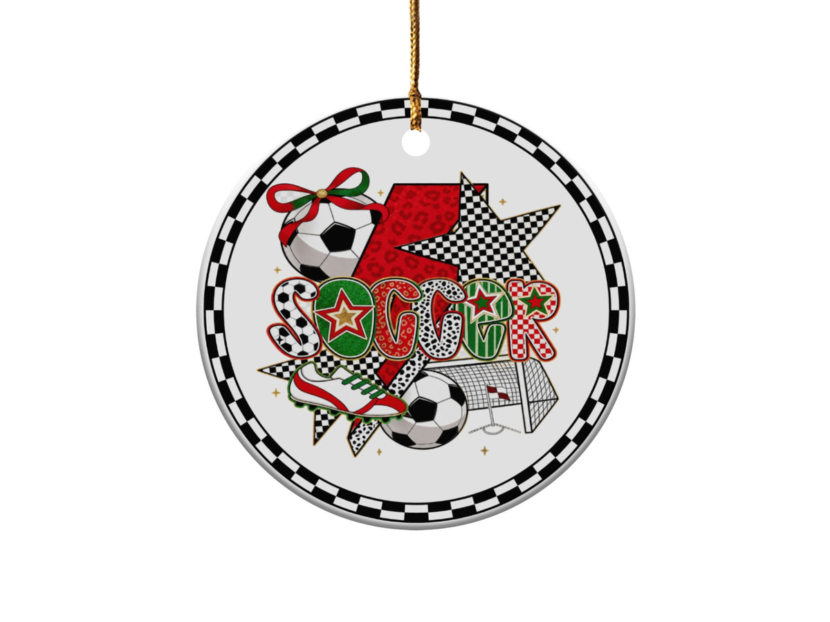 Round ornament with "SOCCER" text, soccer balls, shoe, goal, and checkered pattern.