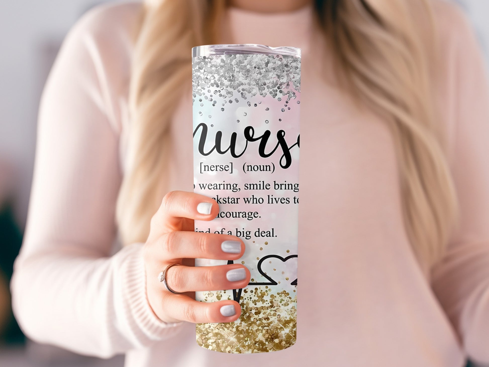 "nurse" definition tumbler with glitter accents and gold heart.