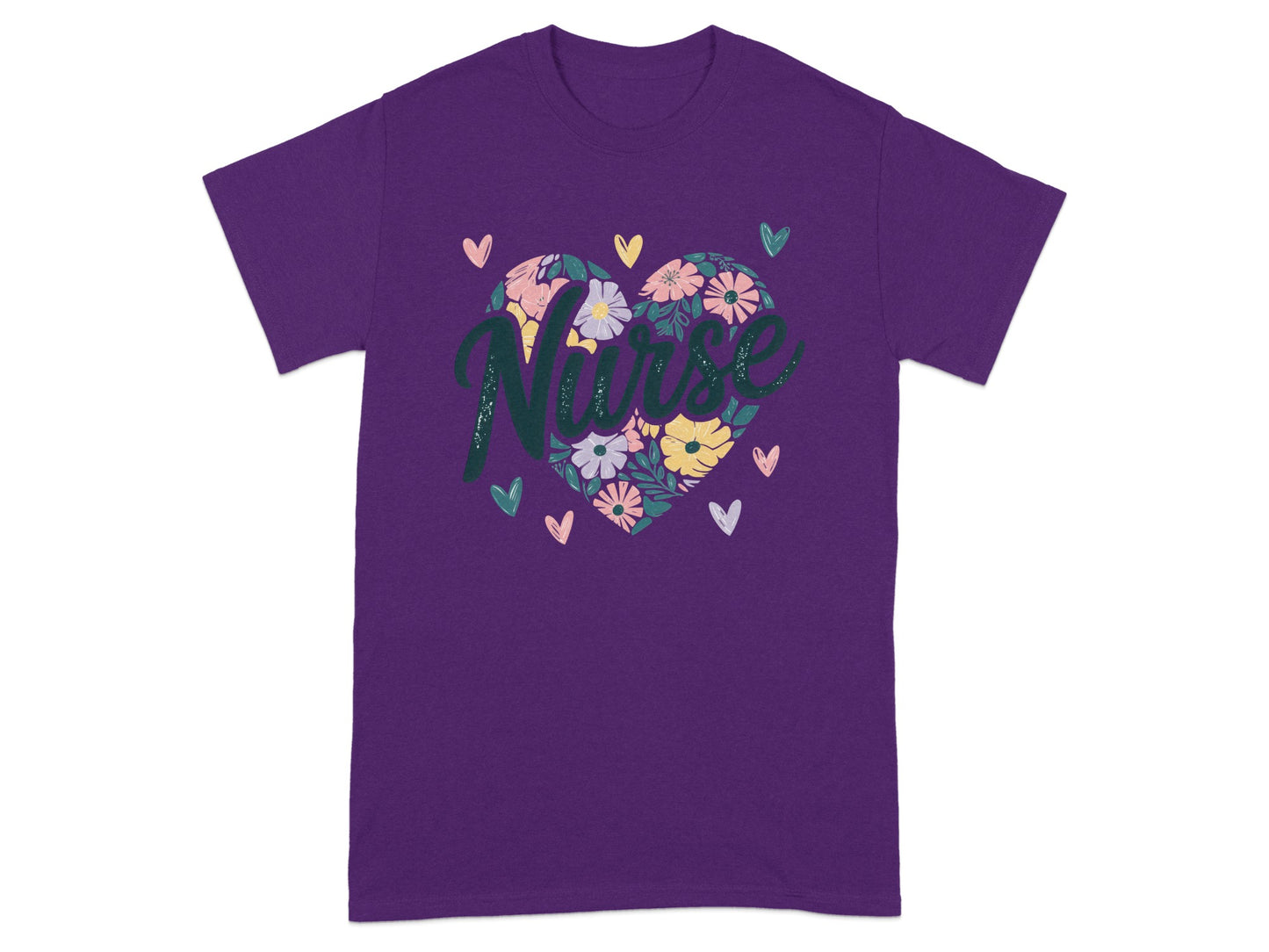 Floral Heart Nurse Design Purple T-Shirt