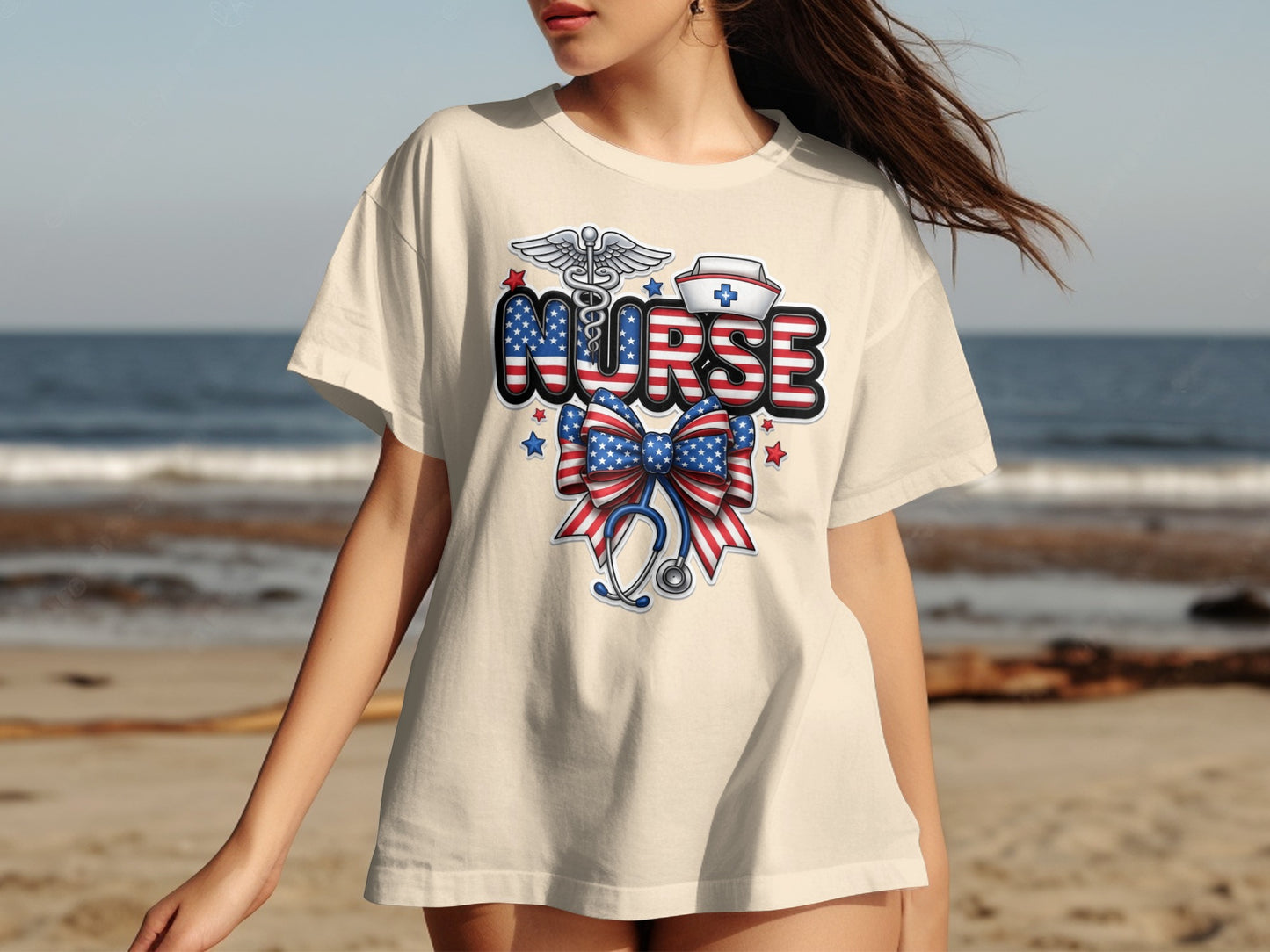 Cream t-shirt with nurse graphic and patriotic bow.