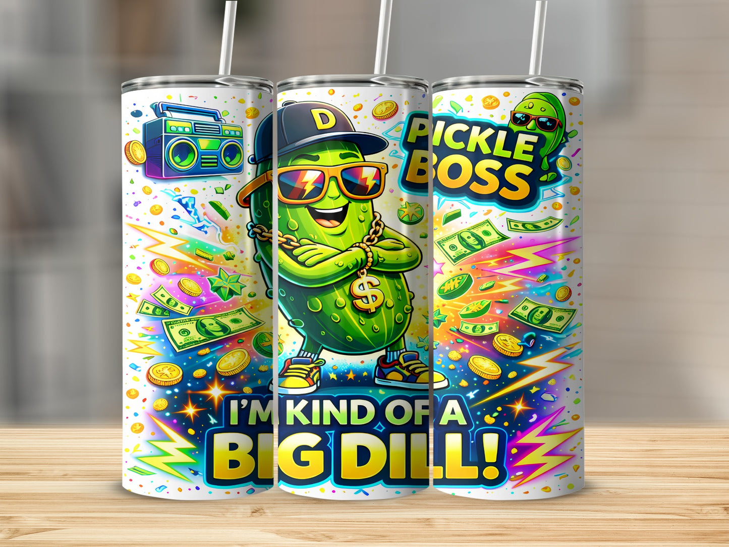 Tumbling pickle wearing sunglasses and gold chain, "I'm Kind of a Big Dill!" text.