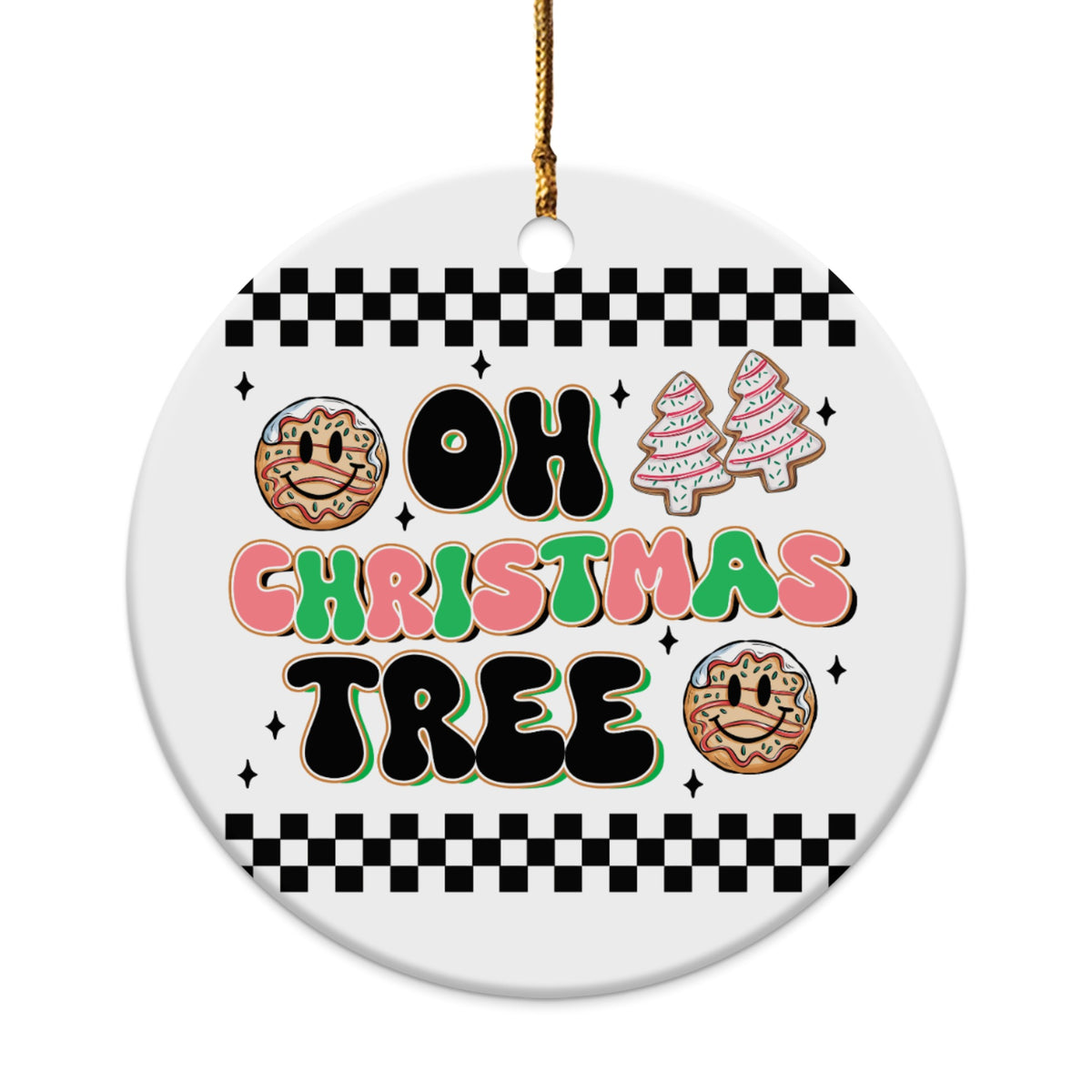 Ornament with "OH CHRISTMAS TREE" text, donuts, and gingerbread trees.