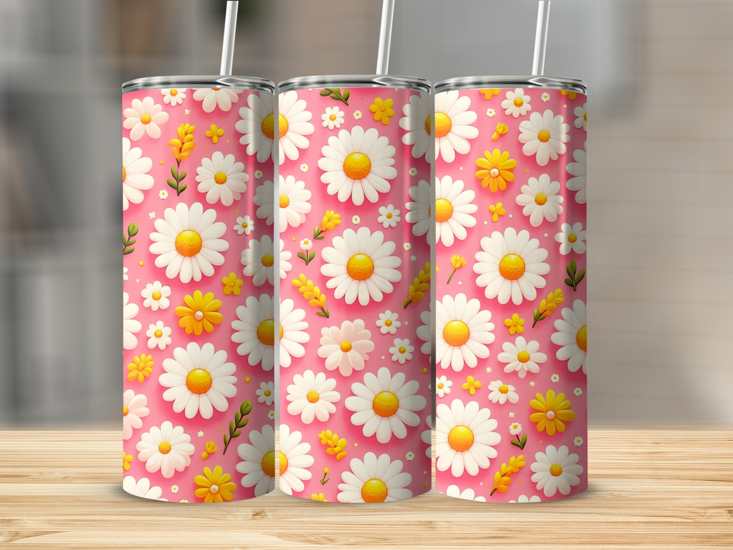 Pink tumbler with white and yellow daisies and green leaves pattern.