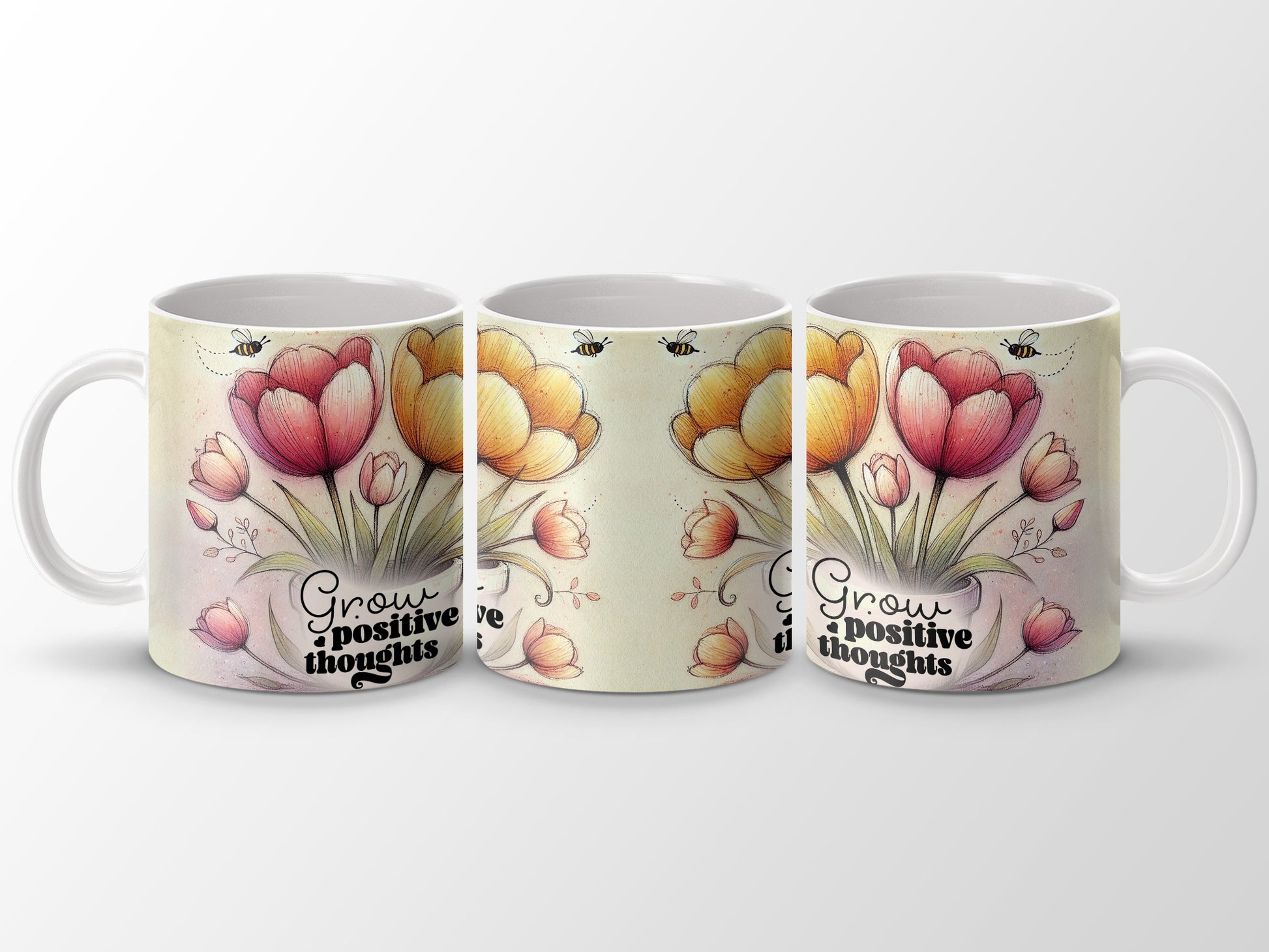 Grow Positive Thoughts Tulip Bee Floral Design Mug product type
Mug, Coffee mug, Tea cup, Drinkware, Home decor, Positive thoughts, Grow positive, Inspirational, Motivation, Tulip flower, Floral design, Bee illustration, Spring decor, Gift idea, Present, Uplifting, Desk accessory, Kitchenware, Nature design, Beautiful blooms