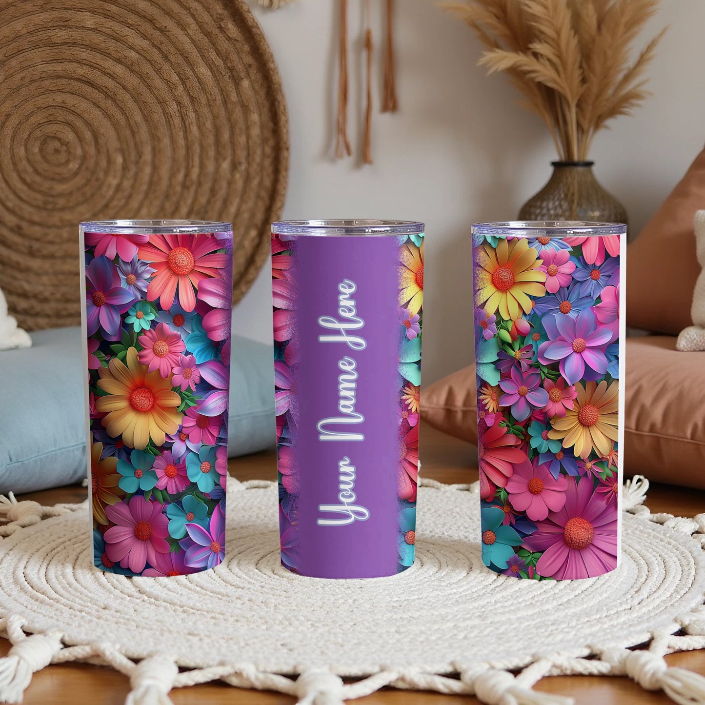 Vibrant Floral Personalized Purple Tumbler Custom Name product type
Tumbler, Floral, Personalized, Custom name, Purple, Flower pattern, Vibrant, Drinkware, Insulated, Travel mug, Gift for her, Birthday, Spring, Summer, Bright colors, Name design, Unique gift, Customizable, Daisy flowers, Hot cold beverage