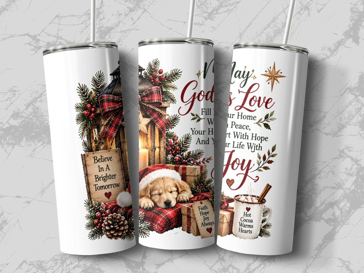 Three white tumblers with lids and straws display a Christmas theme featuring a sleeping puppy, lanterns, and text.