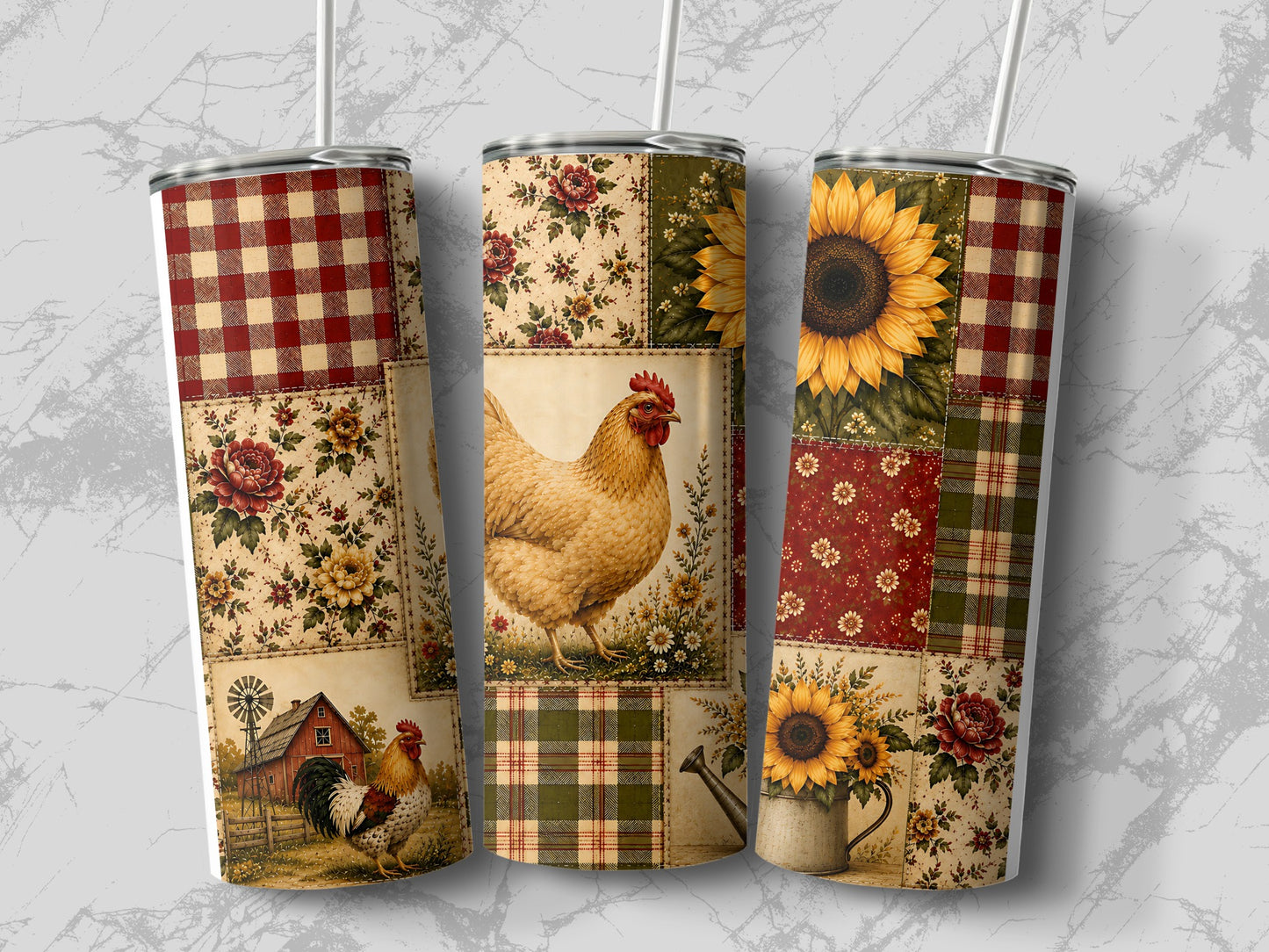 Three tumblers feature a patchwork design of sunflowers, chickens, barns, and plaid patterns.