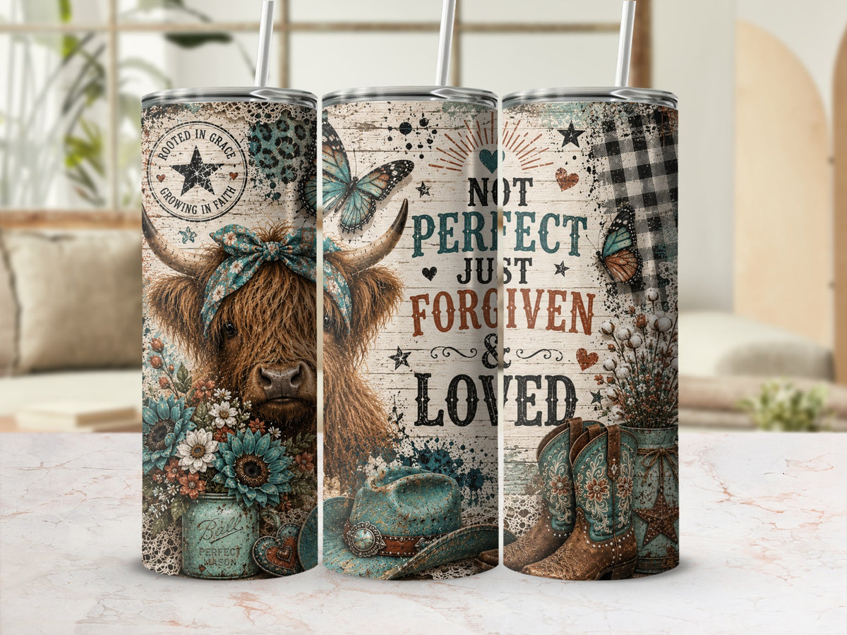 Three tall tumblers display a rustic western design featuring a Highland cow, flowers, and inspirational text.