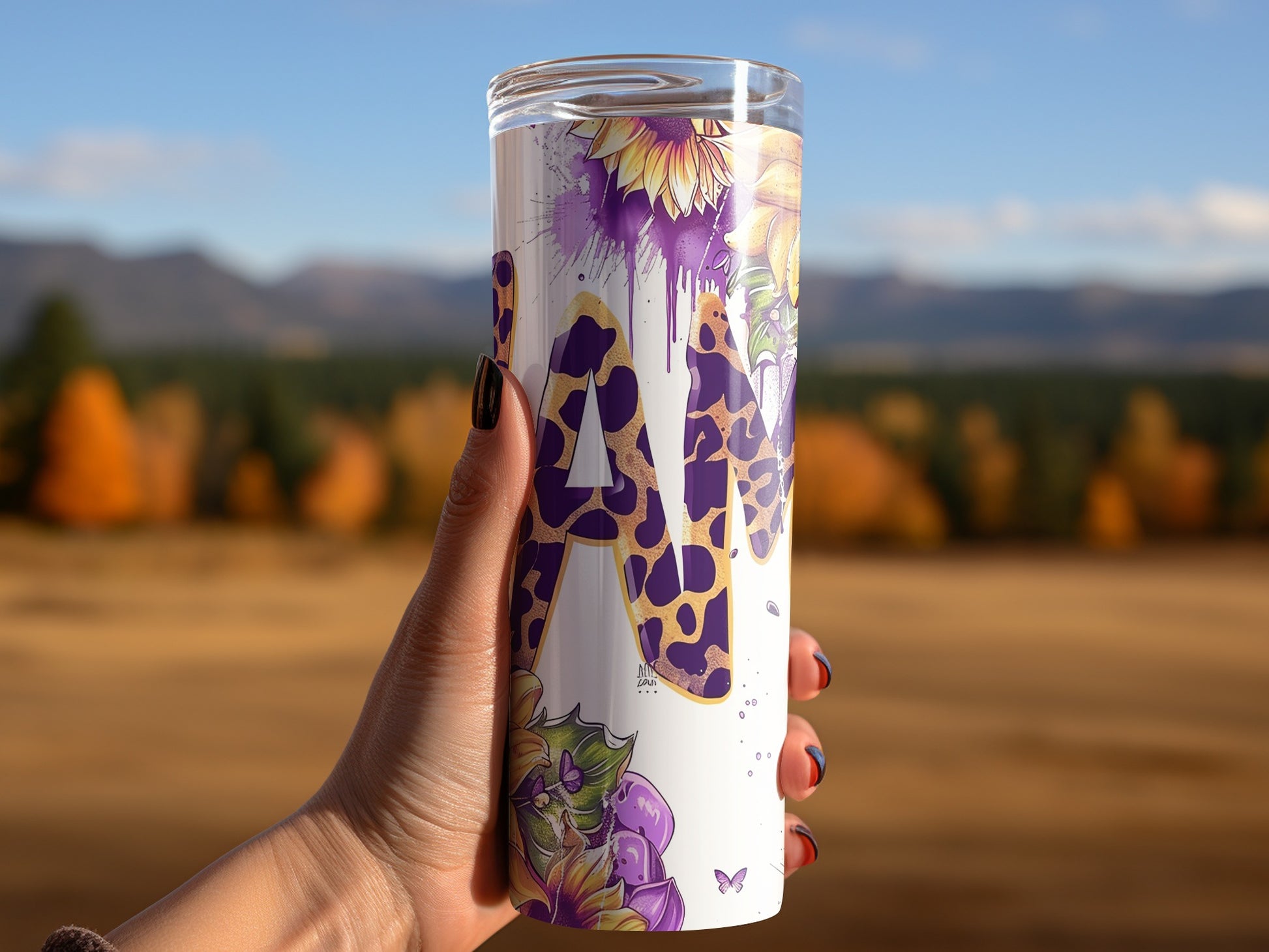 Purple Giraffe Pattern on Floral Design Tumbler Cup