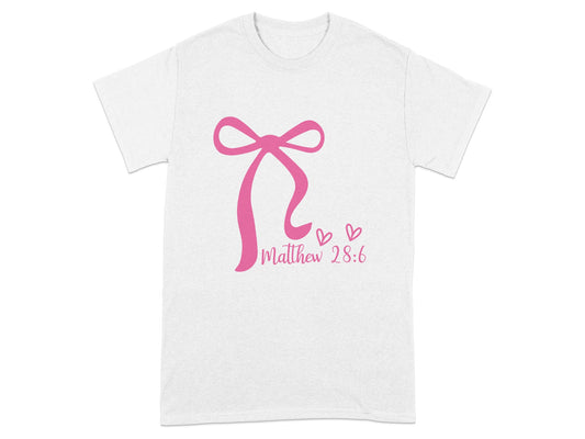 Pink Ribbon Design Matthew 28:6 Heart Accents T-shirt