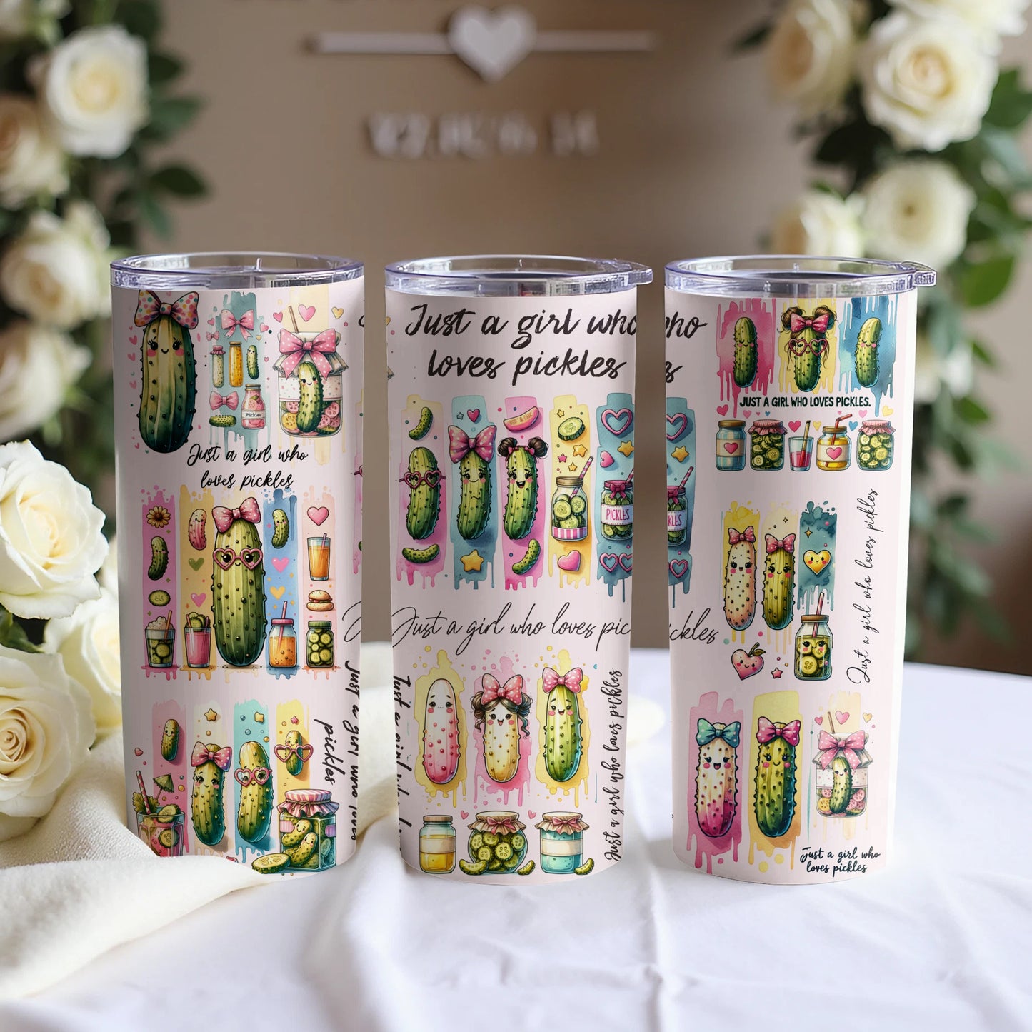 Three tumblers with cartoon pickles and the text "Just a girl who loves pickles."