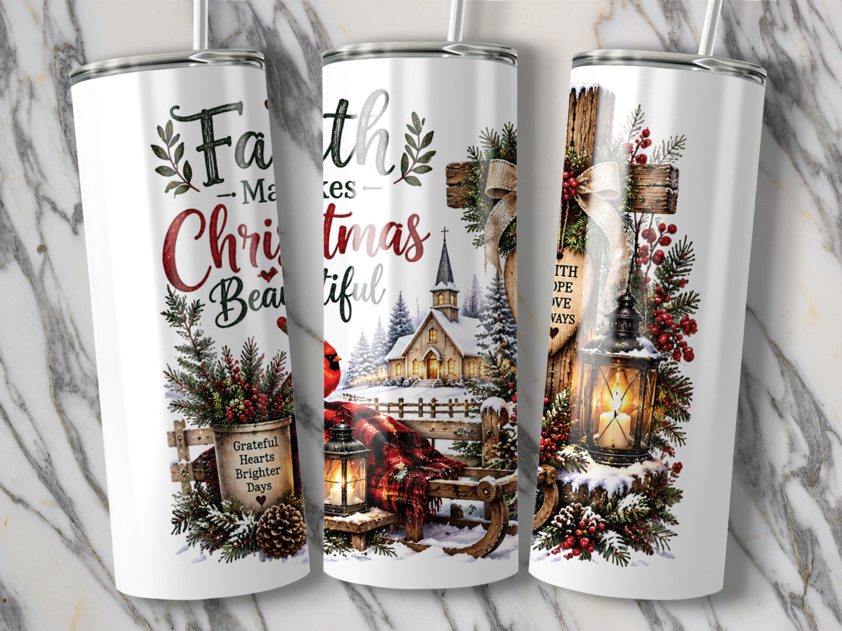 Three white travel tumblers featuring a snowy winter church scene, red cardinals, lanterns, and Christmas typography.