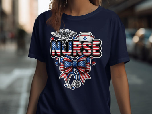 Navy t-shirt with patriotic nurse graphic featuring stethoscope, caduceus, and stars.