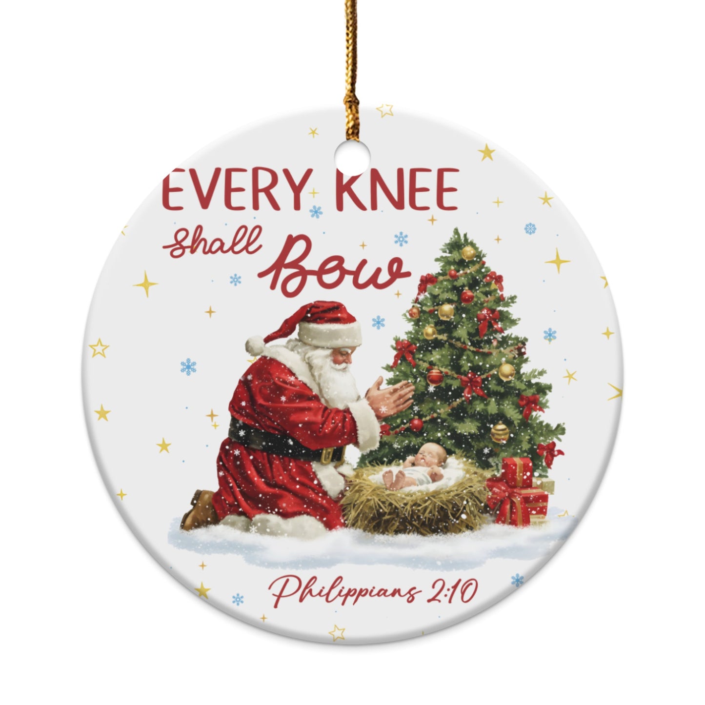 Ornament with Santa kneeling before baby Jesus and a Christmas tree, reading "Every knee shall bow."