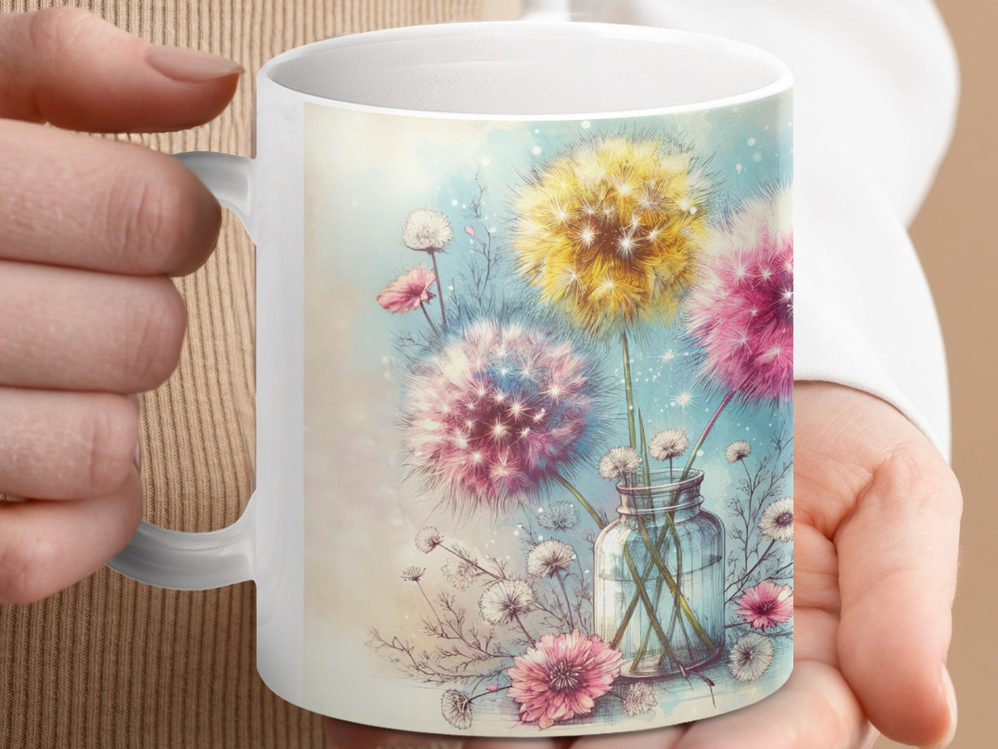 Colorful Dandelion Bouquet Jar Artistic Mug product type