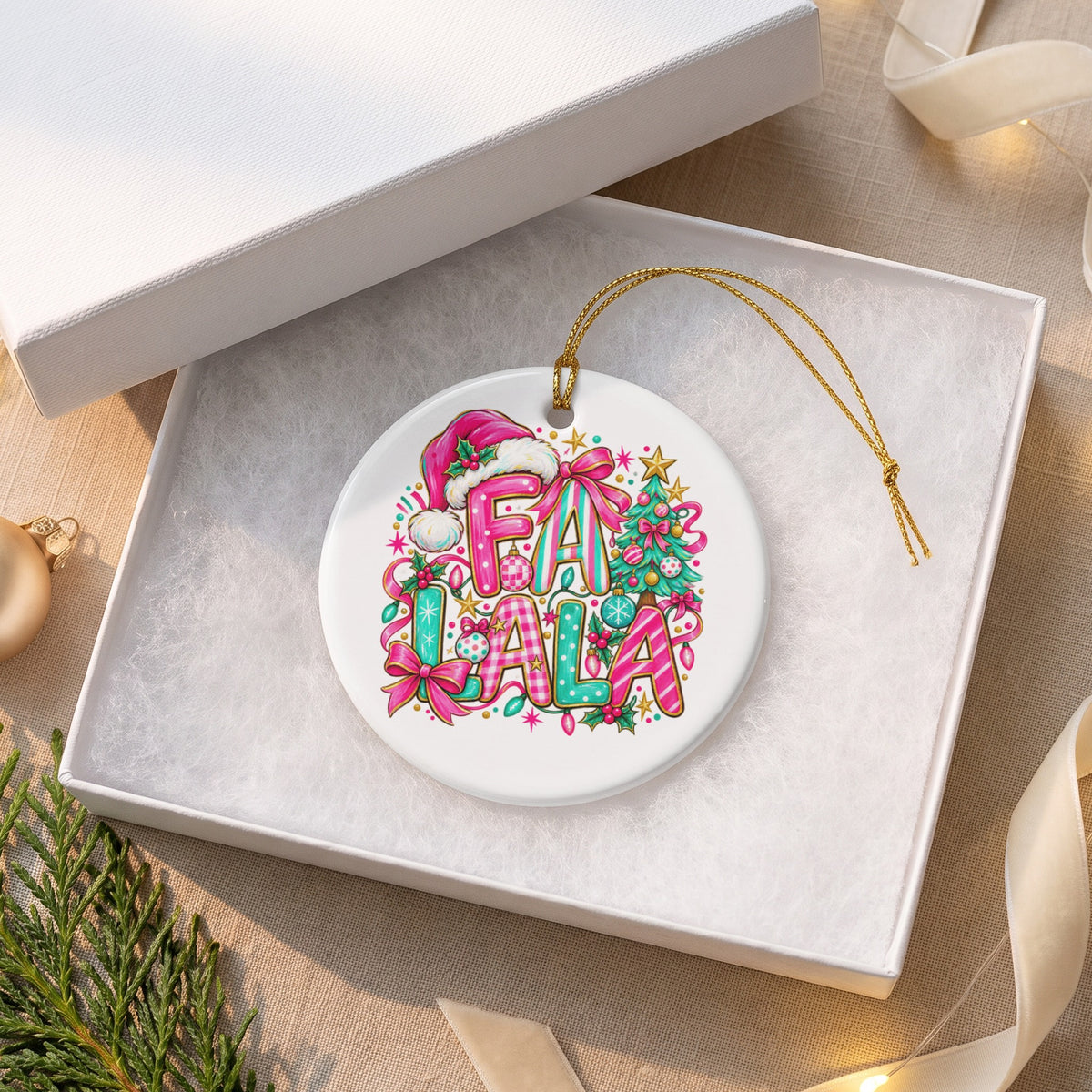 Circular ornament with "FA LA LA" in colorful letters, Christmas tree, and Santa hat.
