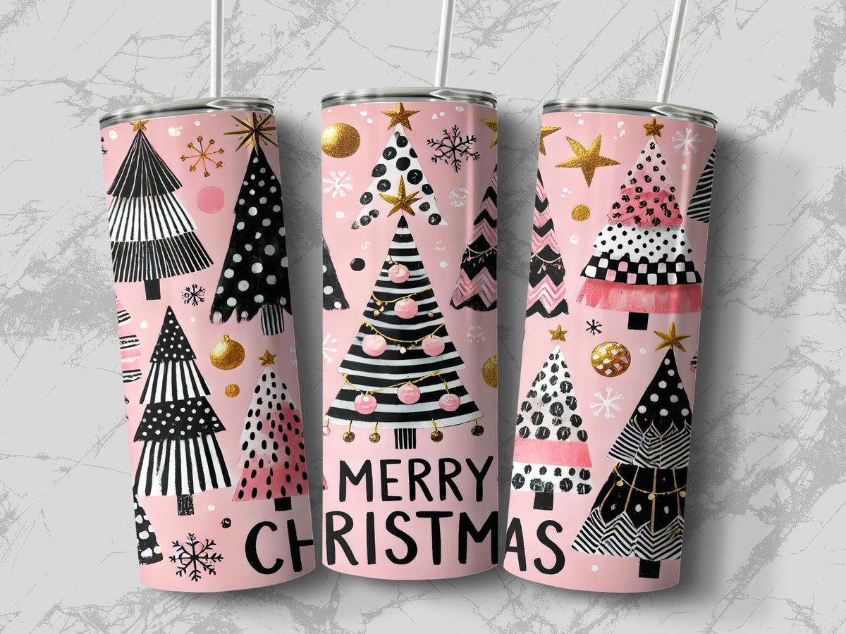 Three tall pink tumblers with straws, decorated with abstract Christmas trees and the text Merry Christmas.