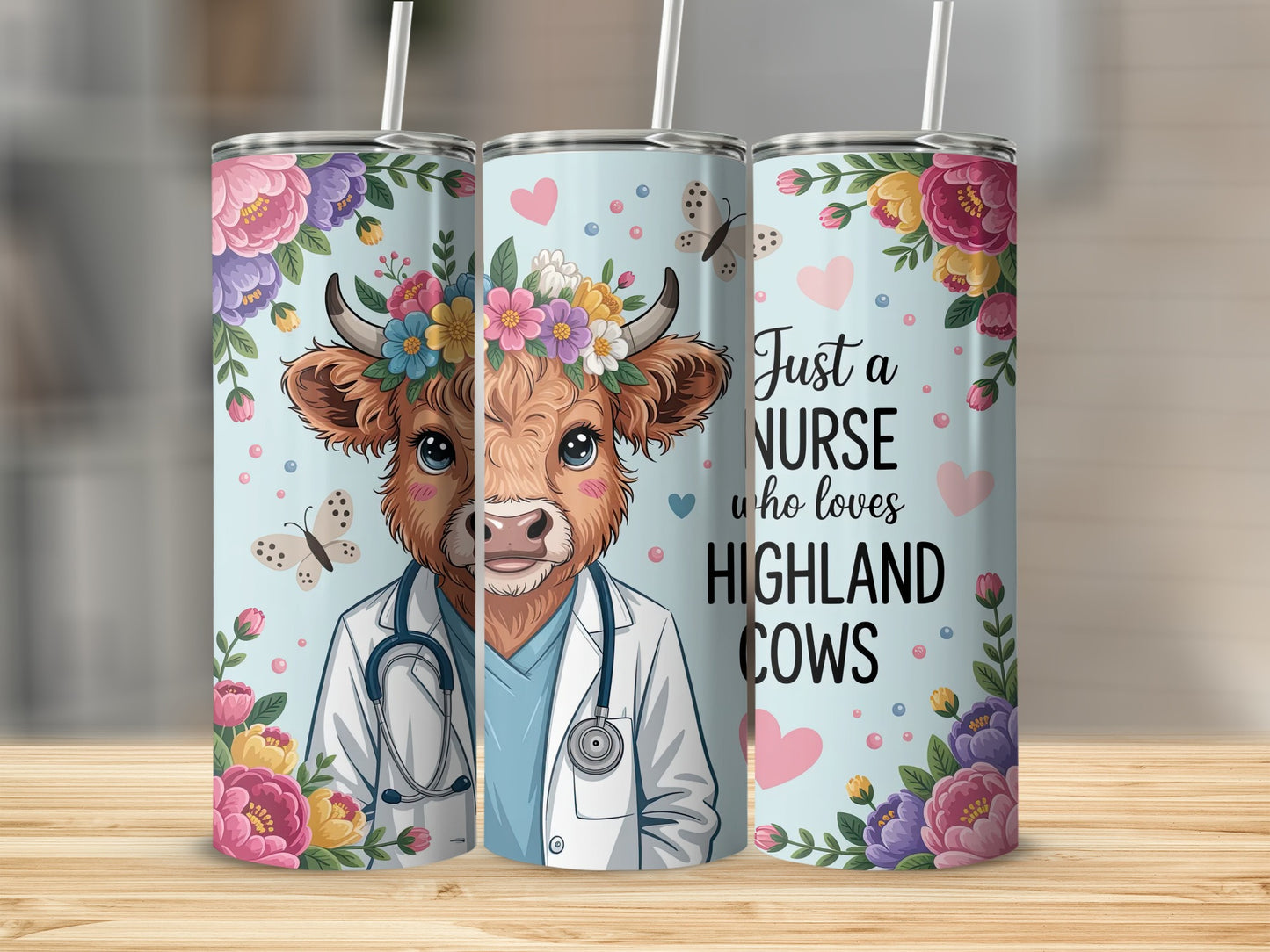 Highland cow nurse with stethoscope, floral accents, and text "Just a nurse who loves highland cows."