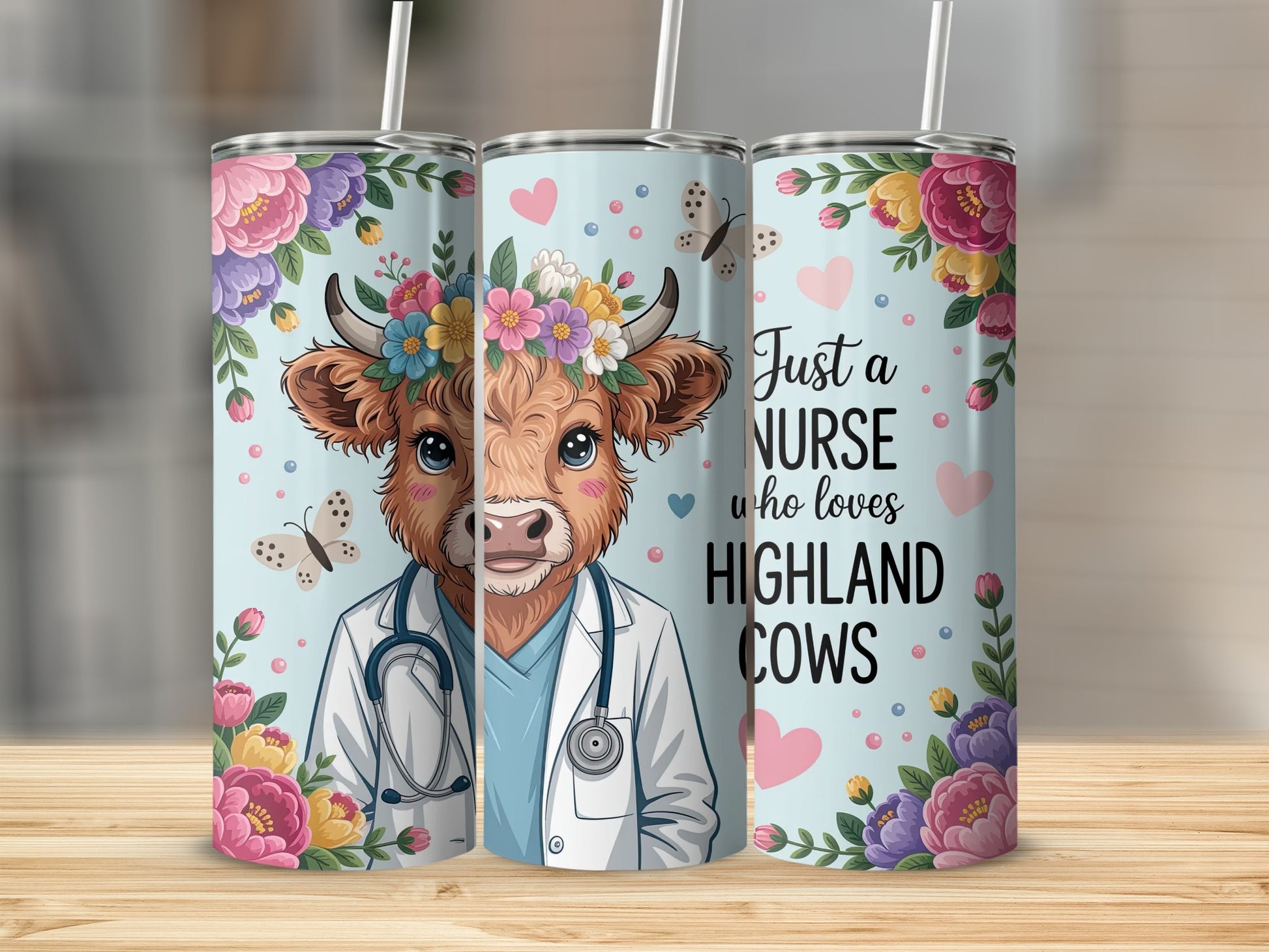 Highland cow nurse with stethoscope, floral accents, and text "Just a nurse who loves highland cows."