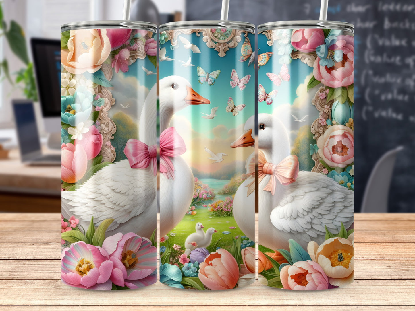 Two geese wearing pink bows in a spring garden with butterflies and tulips.