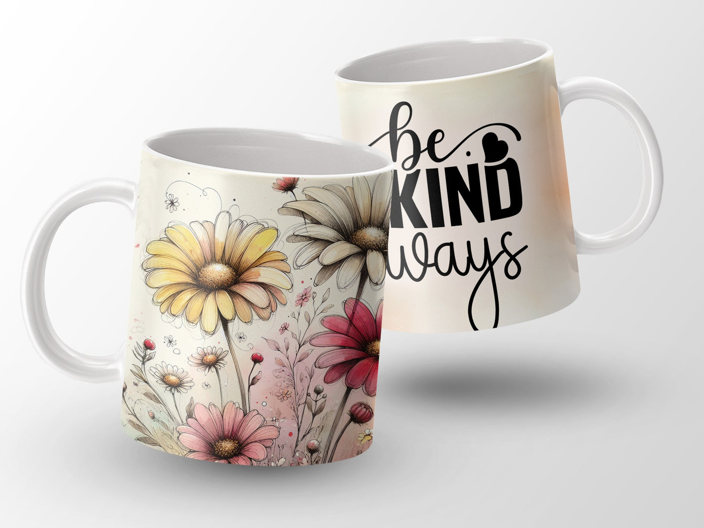 Watercolor Floral Be KIND Always Inspirational Mug product type
Be kind always, Inspirational mug, Floral design, Daisy print, Watercolor flowers, Spring aesthetic, Positive quote, Motivational gift, Coffee cup, Tea lover gift, Kindness message, Flower illustration, Gift idea, Unique drinkware, Home kitchen, Office desk accessory, Uplifting decor, Daily reminder, Self care item, Friendship gift