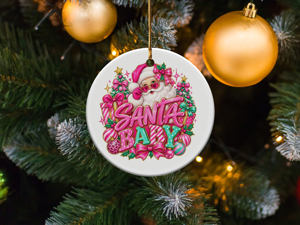 Round ornament with Santa, trees, gifts, and text "Santa Baby."