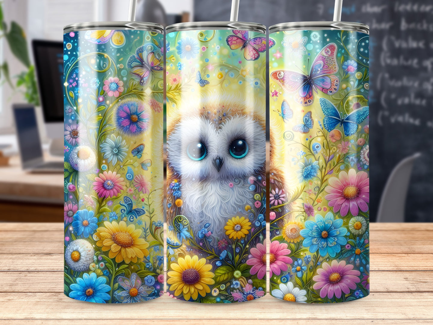 Owl with large eyes surrounded by colorful flowers and butterflies.