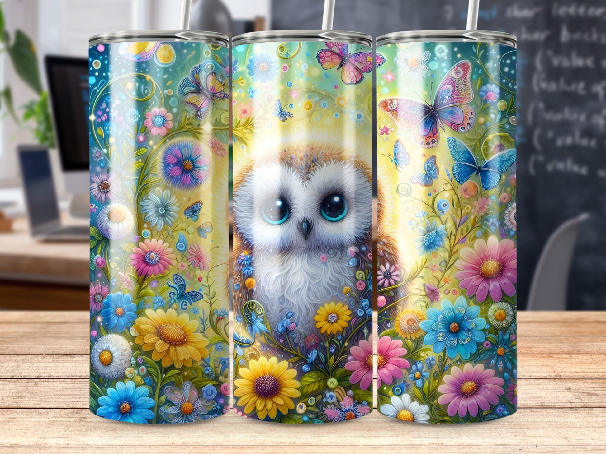 Owl with large eyes surrounded by colorful flowers and butterflies.