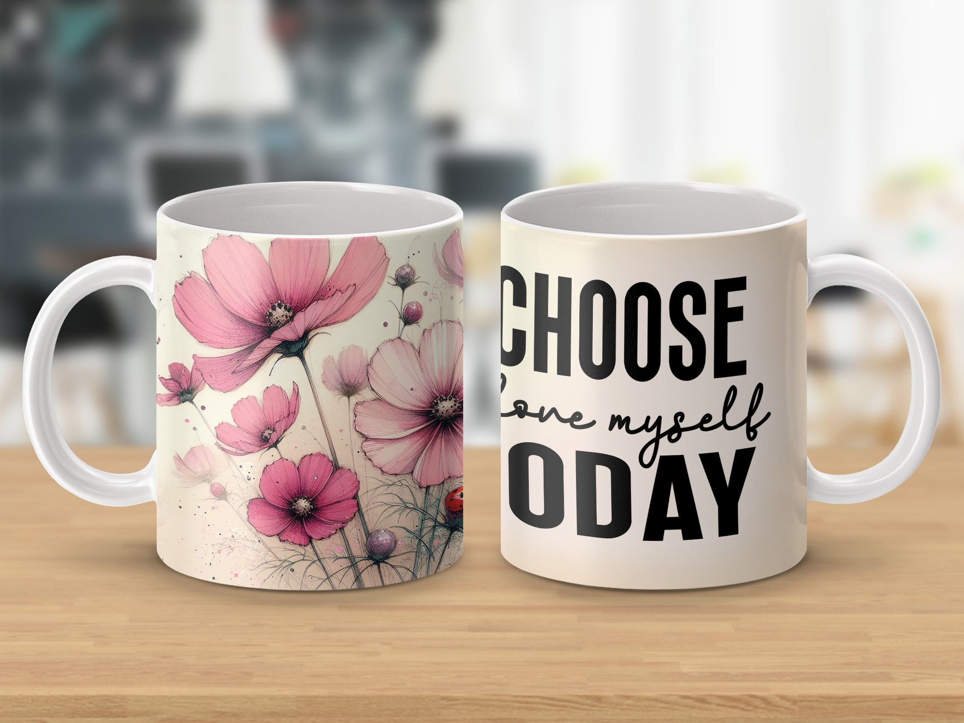 Pink Cosmos Flowers Choose Love Myself Today Mug product type
mug
coffee cup
tea cup
pink flowers
cosmos floral
botanical design
inspirational mug
motivational quote
self love gift
choose love today
drinkware
aesthetic mug
elegant design
pretty flowers
ladybug accent
gift for her
home decor
kitchenware
positive vibes
unique design
