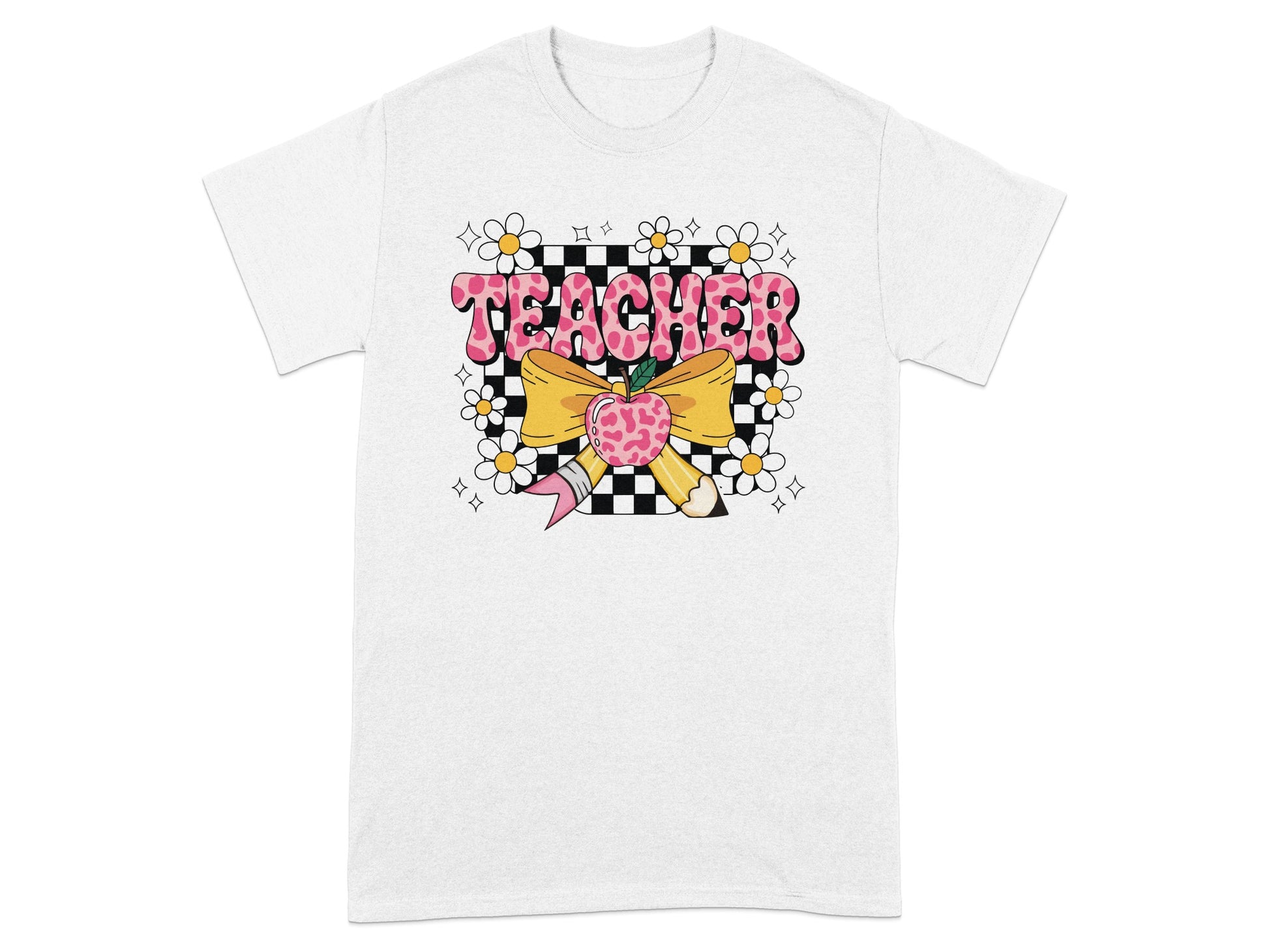 Cute Checkered Teacher Graphic T-Shirt with Flowers