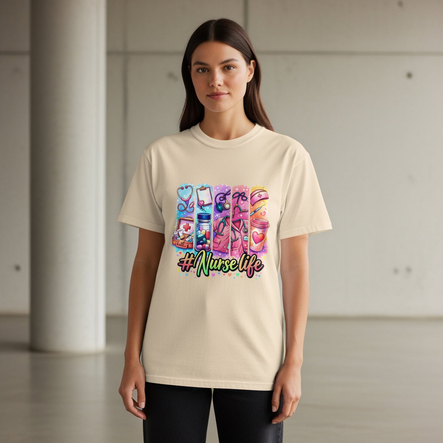 Beige t-shirt with #NurseLife graphic featuring medical icons and colorful paint splatters.