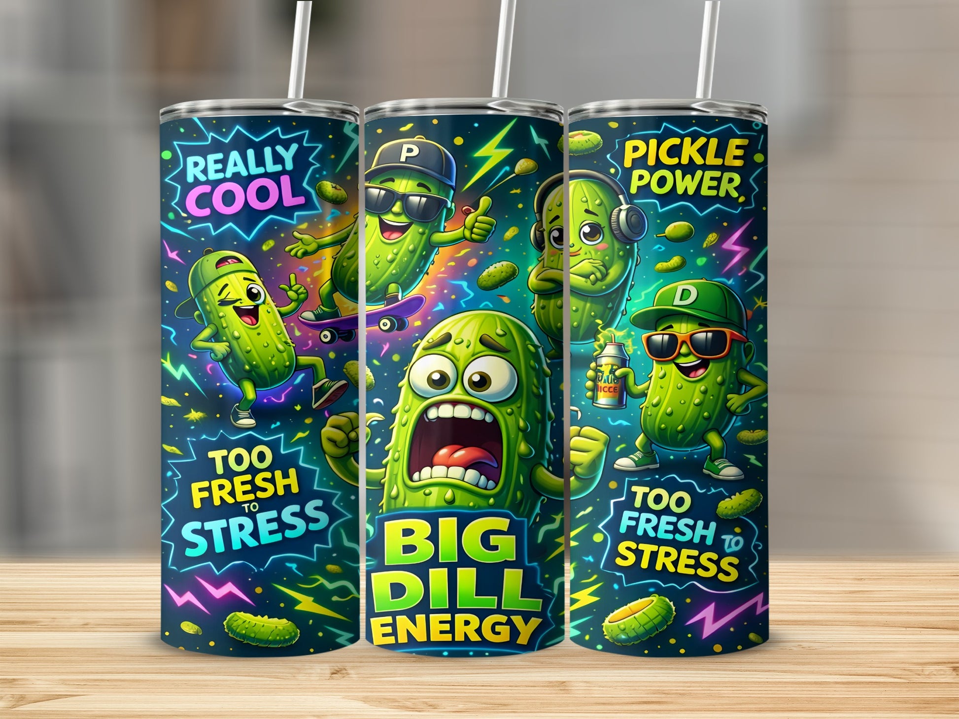 Three tumblers with cartoon pickles, "Big Dill Energy," "Pickle Power."