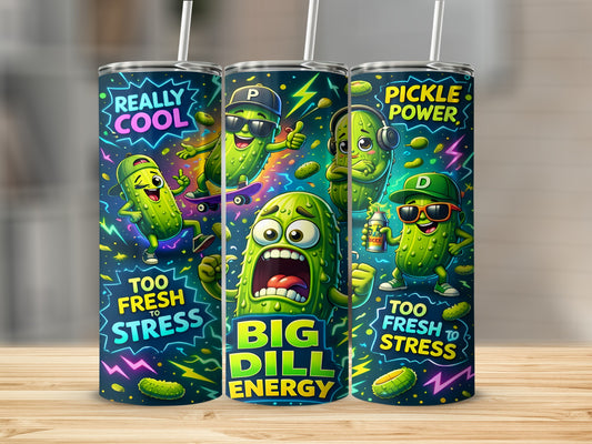 Three tumblers with cartoon pickles, "Big Dill Energy," "Pickle Power."