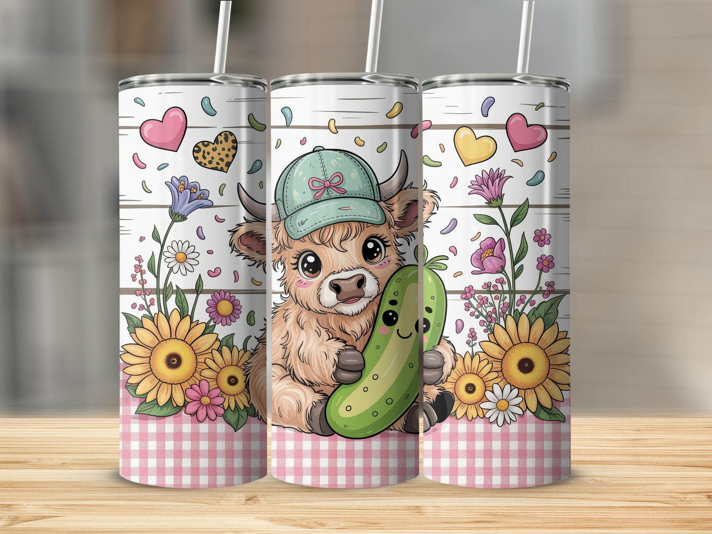 Cute Highland cow wearing a green hat holding a pickle, surrounded by flowers.