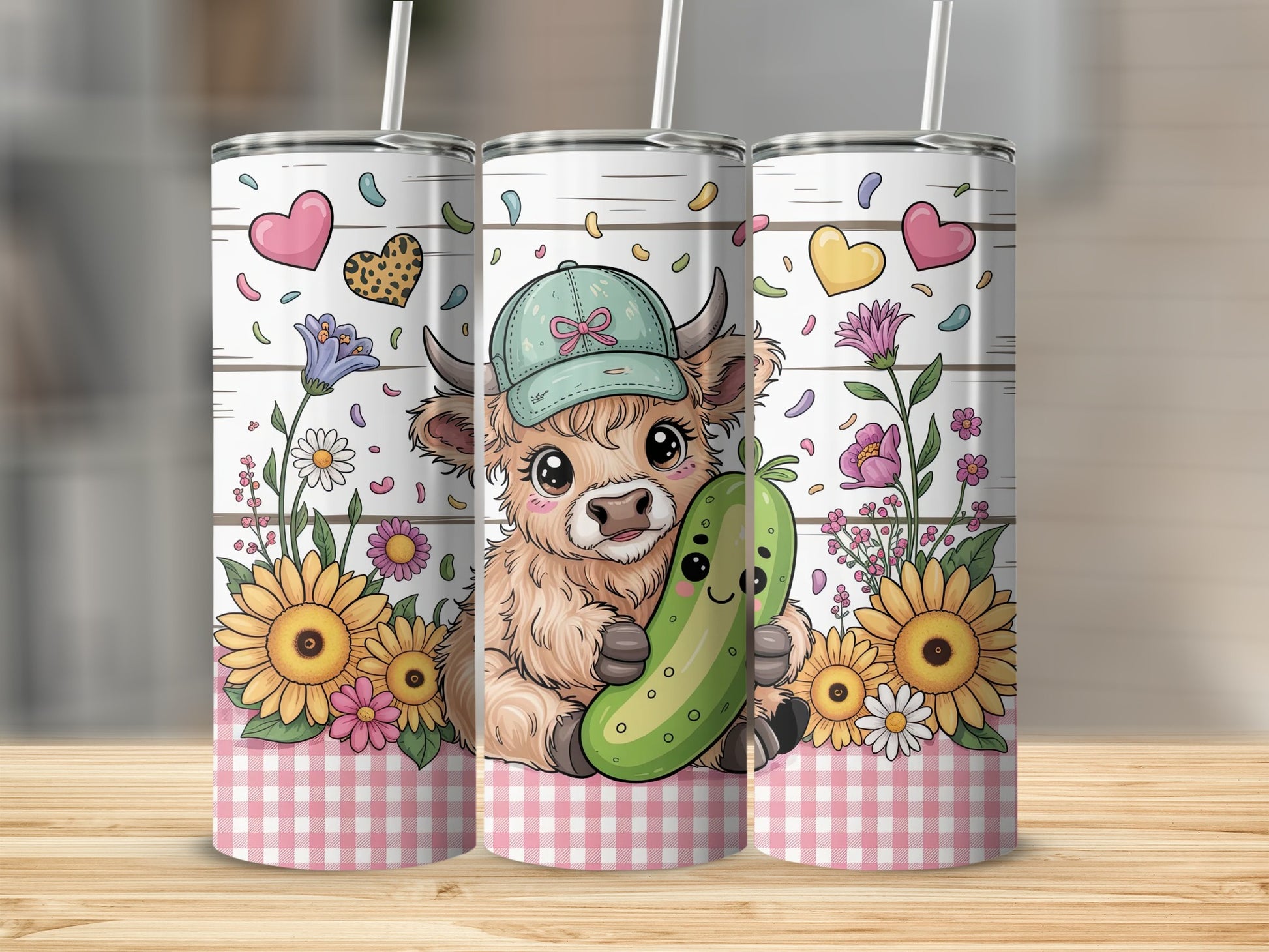 Cute Highland cow wearing a green hat holding a pickle, surrounded by flowers.