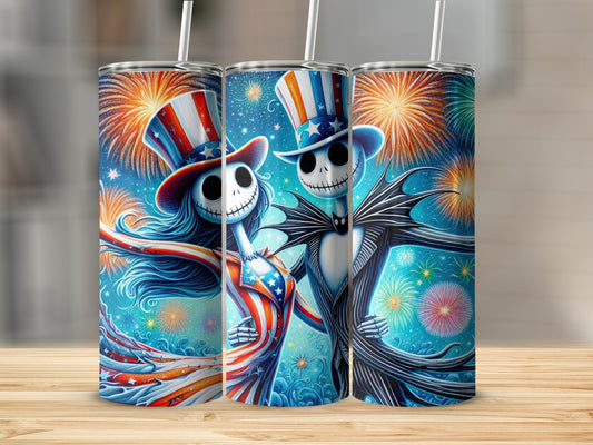 Jack and Sally in patriotic attire with fireworks.