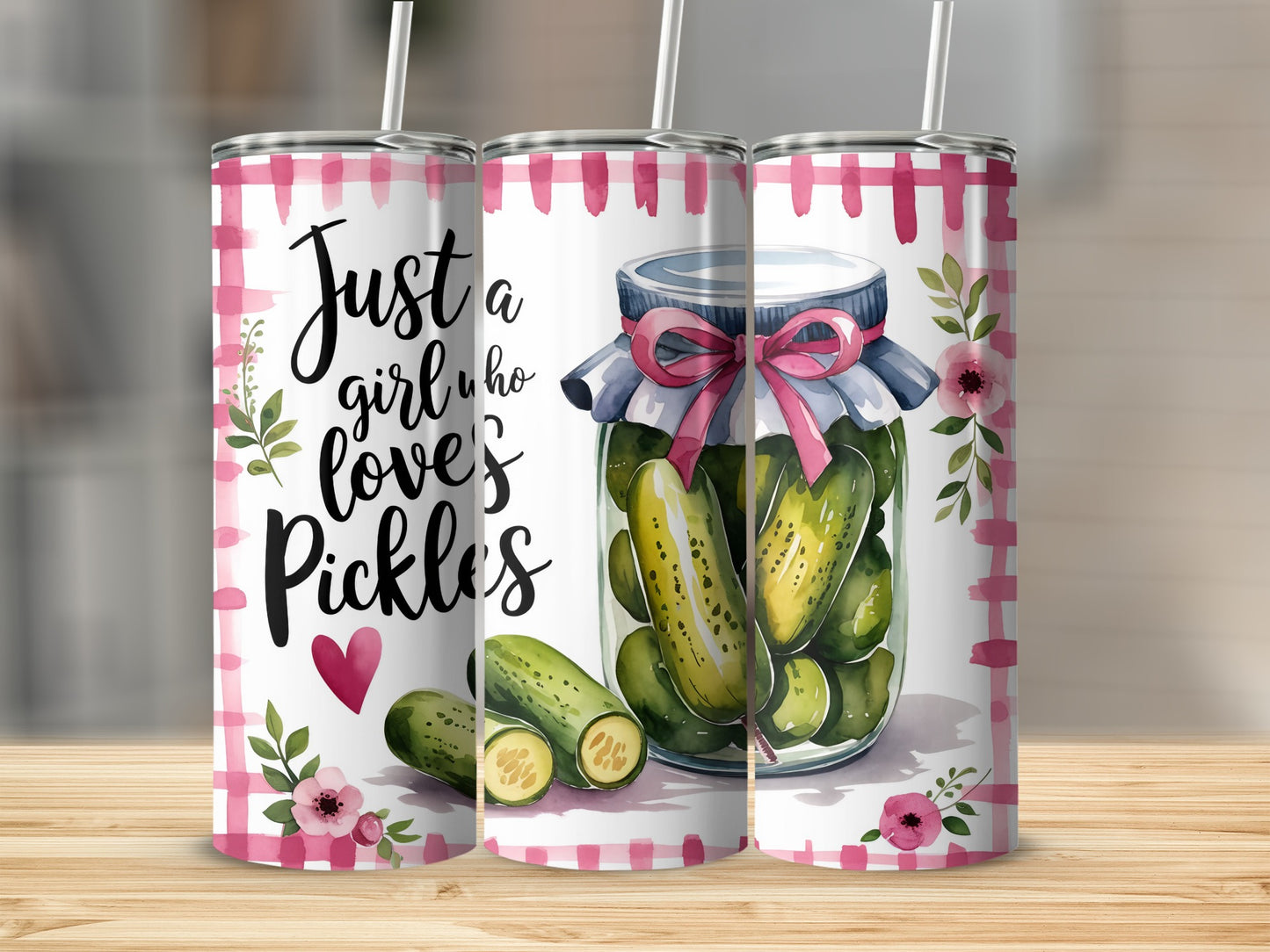 Tumbler with pickles and pink plaid design, "Just a girl who loves pickles".