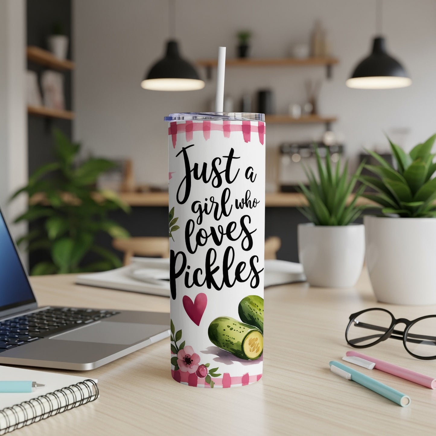 Tartan tumbler with "Just a girl who loves pickles" and heart graphic.