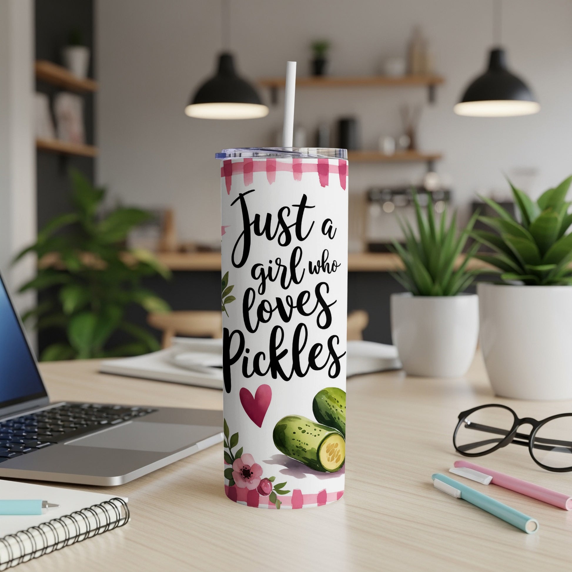 Tartan tumbler with "Just a girl who loves pickles" and heart graphic.