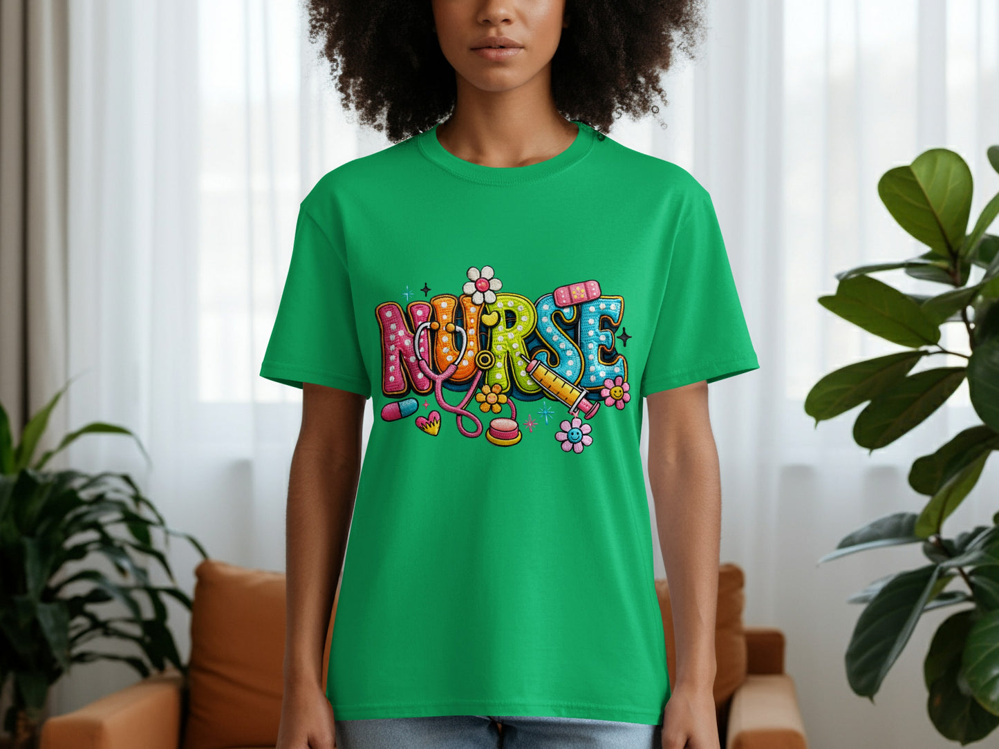 Green t-shirt with colorful "Nurse" text and medical icons.