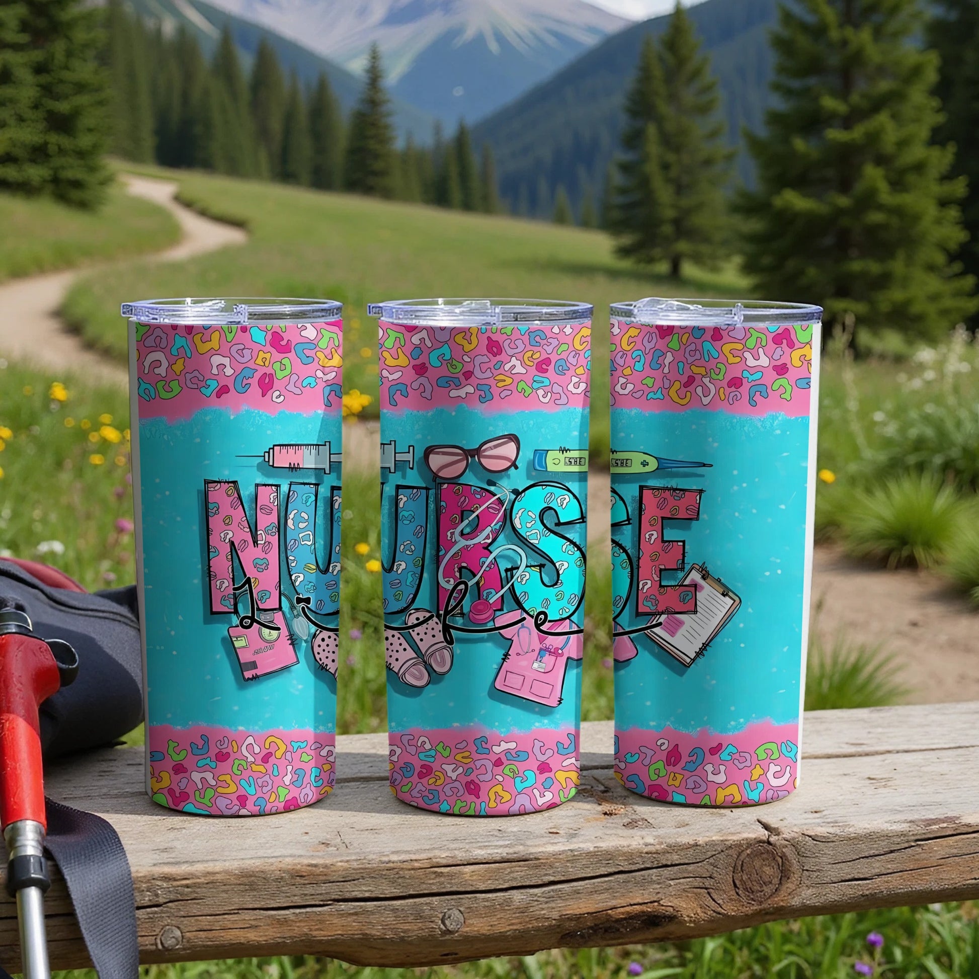 Three nurse-themed tumblers with colorful designs, presented outdoors.