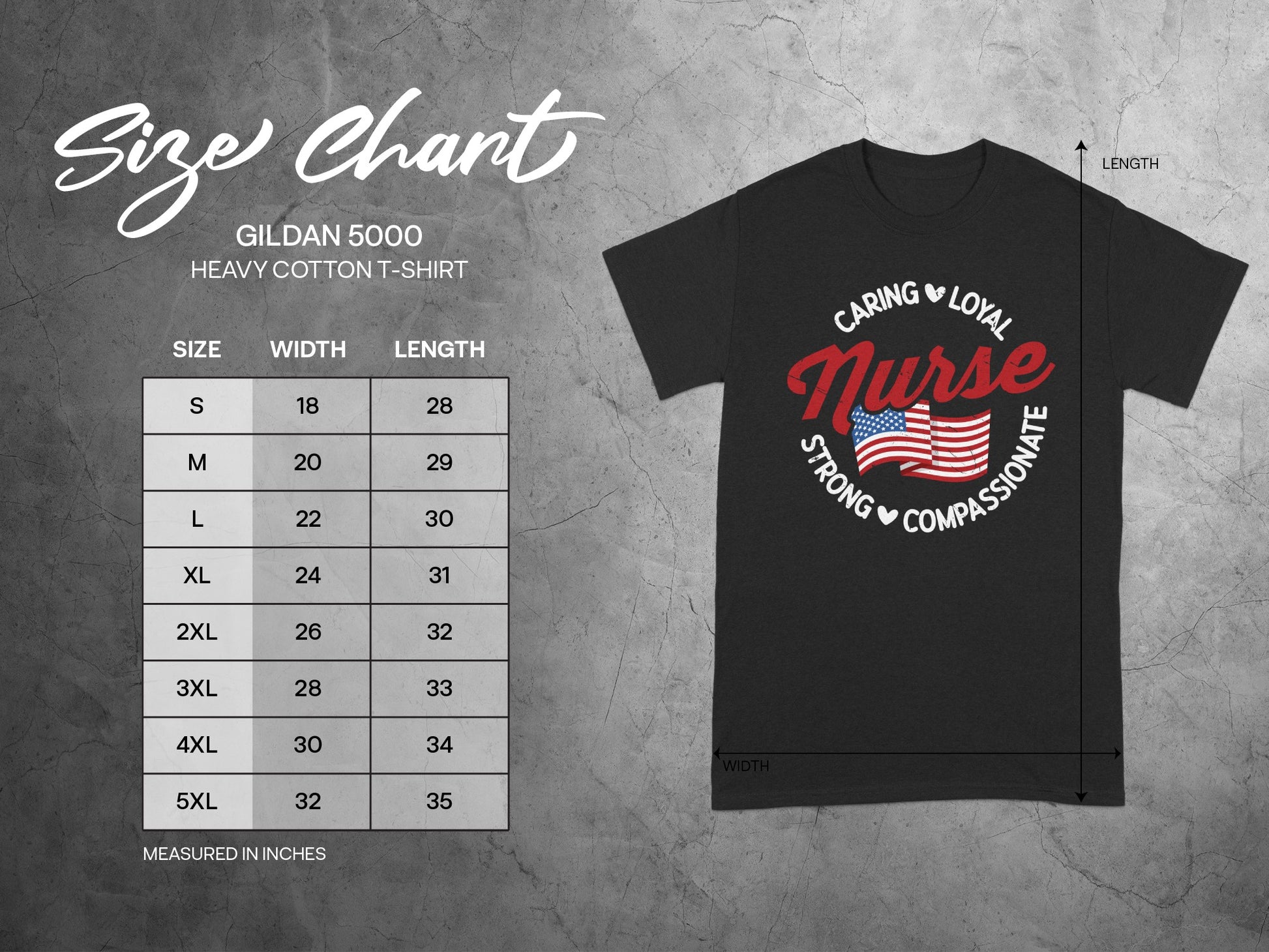 Gildan 5000 size chart with t-shirt graphic featuring "Nurse" text.
