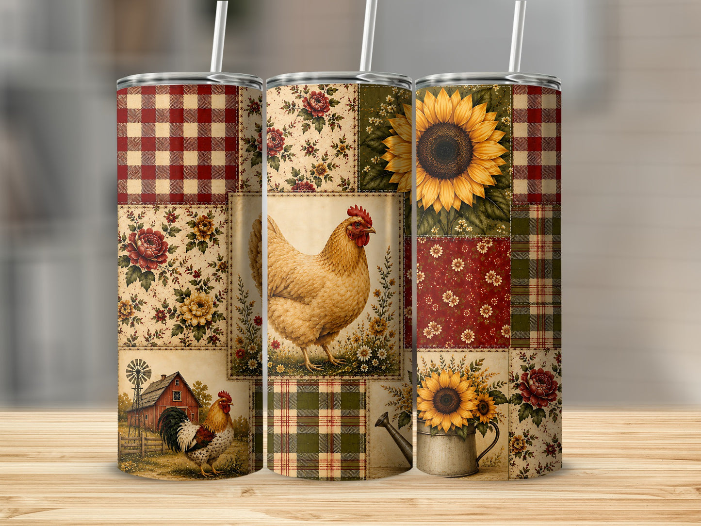 Three tumblers with patchwork designs of chickens, sunflowers, barn, and plaid.