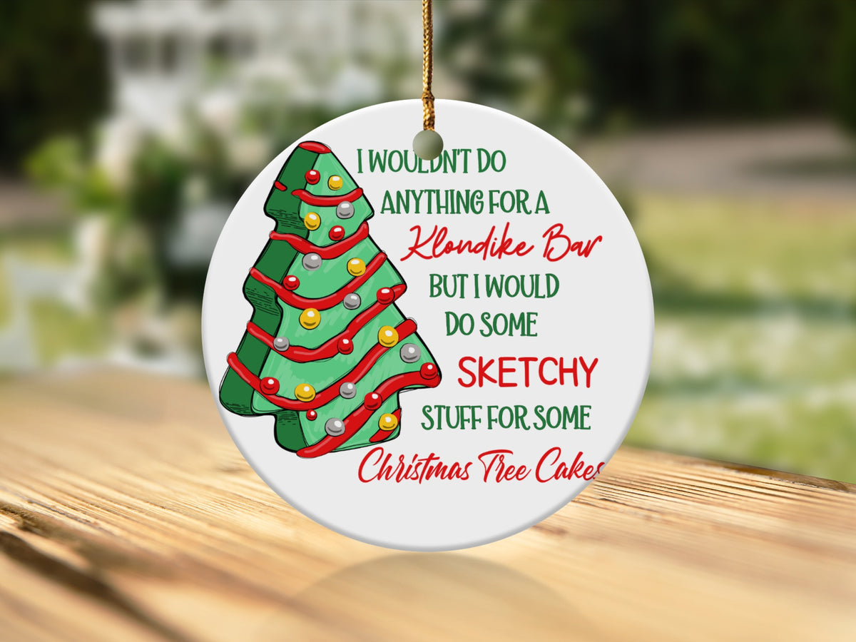 Christmas ornament with a decorated tree and text about Klondike Bars.