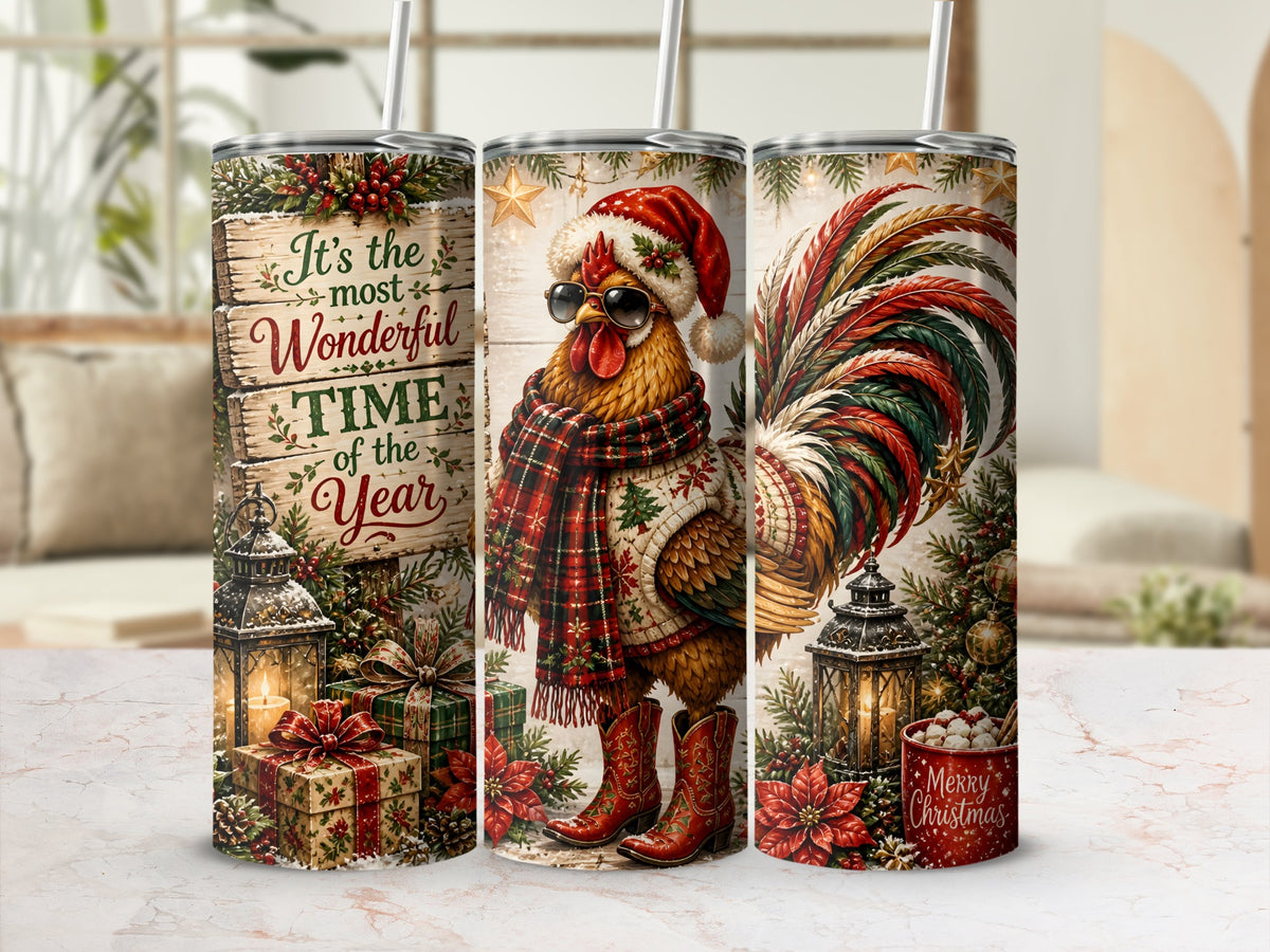 Three stainless steel tumblers stand on a table, featuring a Christmas-themed rooster illustration with text and holiday elements.