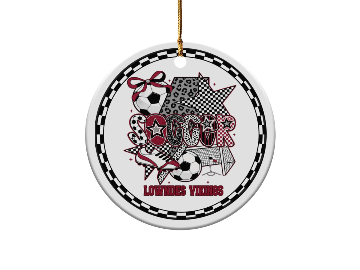 Round ornament with "Soccer" design, soccer ball, shoe, net, and "Lowndes Vikings" text.
