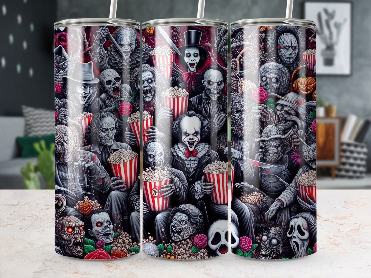 Collage of horror movie villains popcorn buckets, roses, and skulls on tumblers.