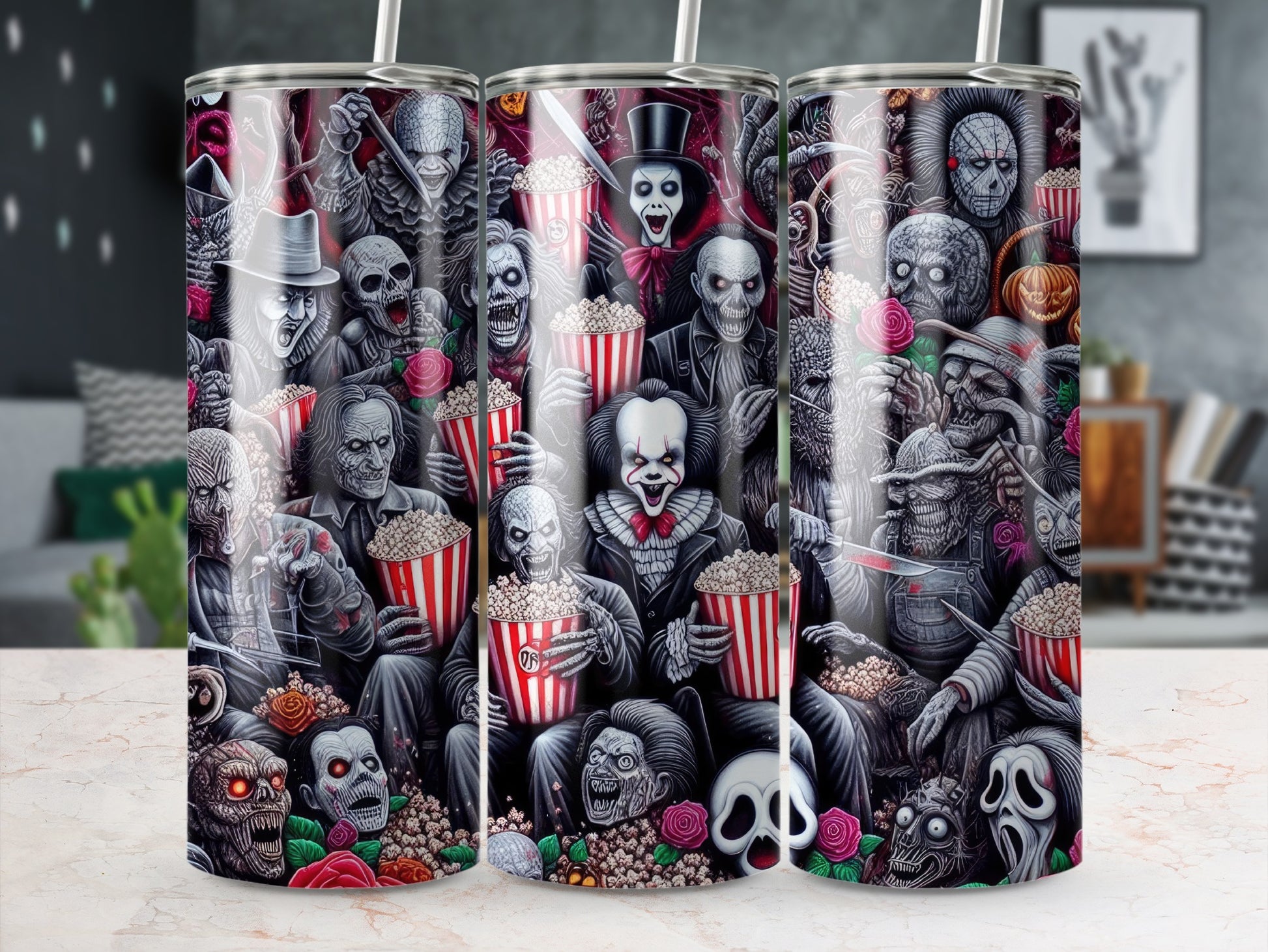 Collage of horror movie villains popcorn buckets, roses, and skulls on tumblers.